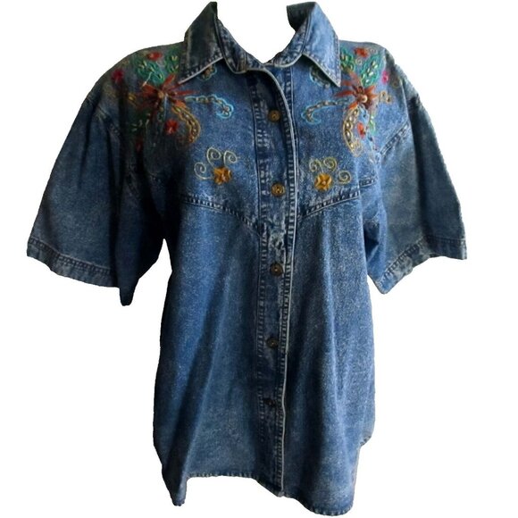 M Vintage 90's Patty Blue Denim Shirt Embroidered Floral Design Button Front - Picture 2 of 6